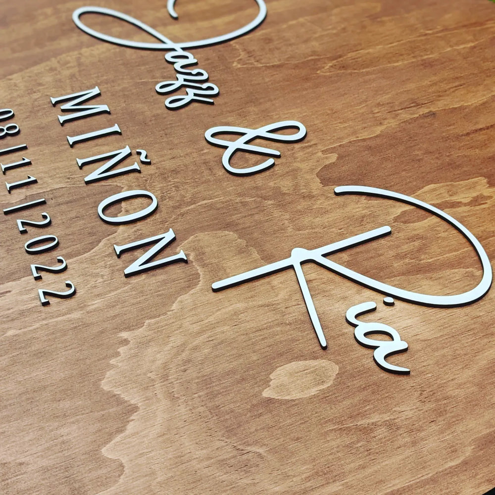 
                  
                    close up of rustic round wedding sign with raised 3D lettering
                  
                